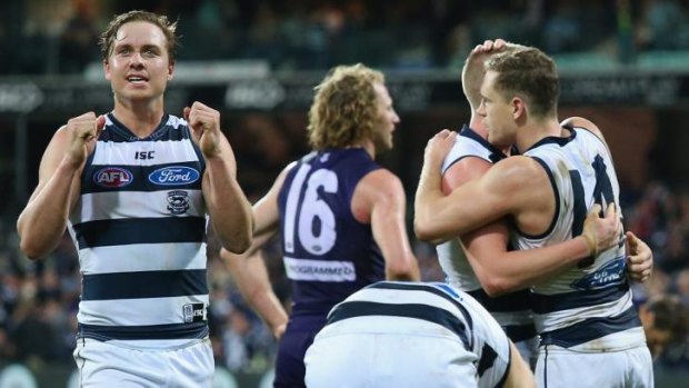 Free to celebrate: Joy for Geelong after a thrilling win against Fremantle at the weekend.