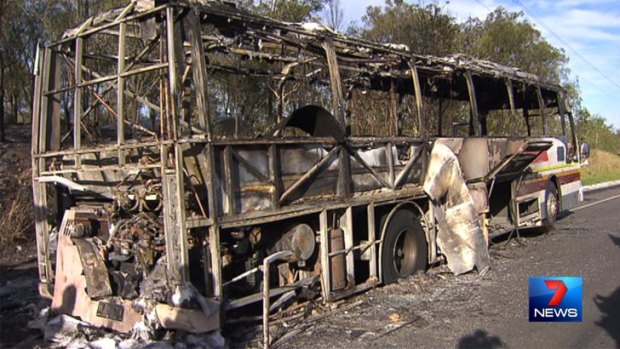What remains of a bus that caught fire on the Warrego Highway on Tuesday. Photo: Seven News.