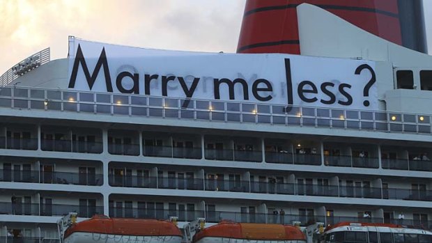 Love in the air ... Stefan Libon arranged for this sign to be put up on the Queen Mary 2.