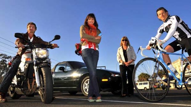 The great race to work: The four commuters who participated in The Sunday Age challenge are: (from left) Simon Kaye (motocycle), Dana Forcey (train), Denise Gadd (car) and Marion Quinn (bicycle).