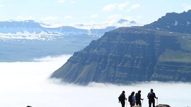 Panoramic ... walkers explore the Icelandic wilderness.