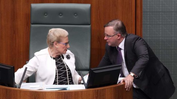 Point of order: Federal Speaker Bronwyn Bishop and Labor MP Anthony Albanese share a moment after a division in the lower house of Federal Parliament in Canberra on Thursday.