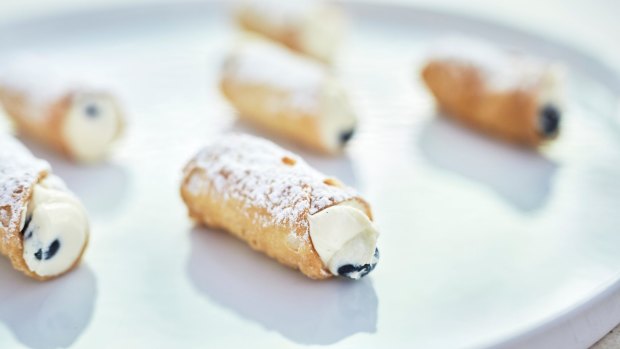 A bon bouche from a recent Peter Rowland-catered Spring Carnival marquee - mini cannoli filled with marsala spiked ricotta, mascarpone and blueberries.