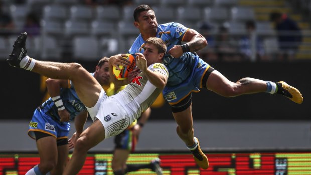 High flying: Action from the Auckland Nines. 