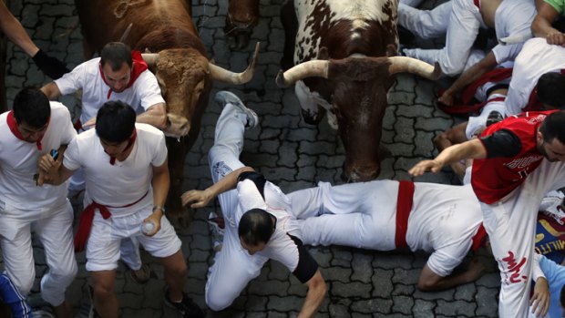 Revelers run and fall in front of Alcurrucen's ranch fighting bulls.