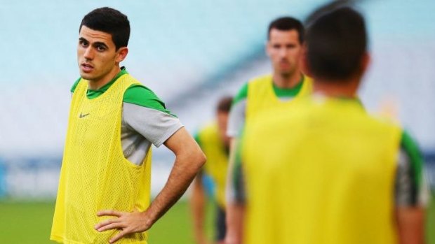Tom Rogic looks on during an Australian Socceroos training session in May.