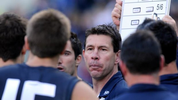 Carlton coach Brett Ratten at three-quarter time during his team's round four draw with Essendon earlier this year.
