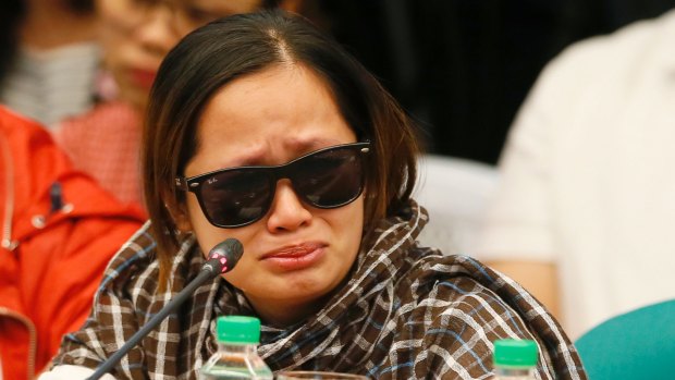 A pregnant witness, the live-in partner of JP Bertes, an alleged drug-pusher who was killed while in police custody, tearfully recounts their ordeal as she testifies before the Philippine Senate which is probing the extra judicial killings related to President Rodrigo Duterte's "War on Drugs".
