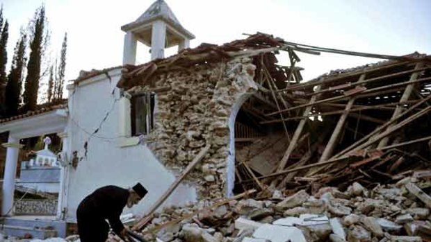 The quake badly damaged this church in the Peloponnese village of Valmi.
