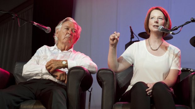 Former Prime Minister Bob Hawke and current Prime Minister Julia Gillard answer questions at the Woodford Folk festival.