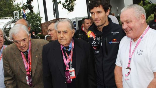 Tony Gaze with fellow formula one drivers Jack Brabham, Mark Webber and Alan Jones in 2011.