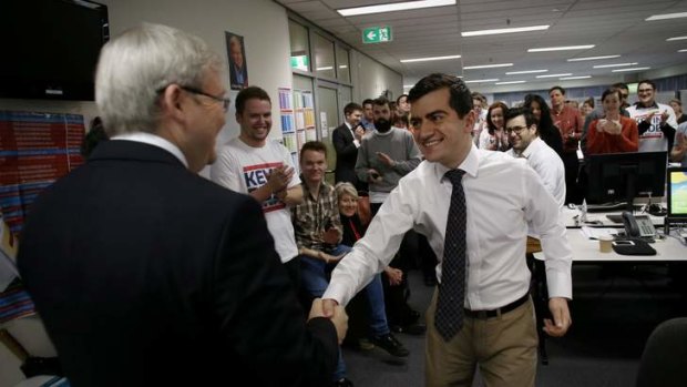 Prime Minister Kevin Rudd is greeted by NSW ALP party secretary Sam Dastyari at ALP campaign headquarters in Melbourne.