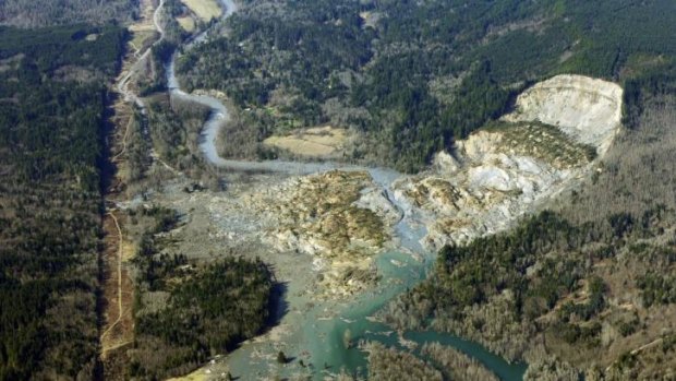 An aerial view of the massive mudslide.