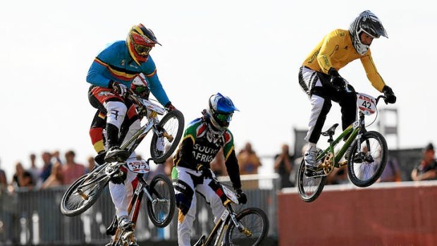 Brian Kirkham of Australia leads the field during the BMX cycling quarter-finals at the London Olympics. Kirkham failed to advance to the semis.