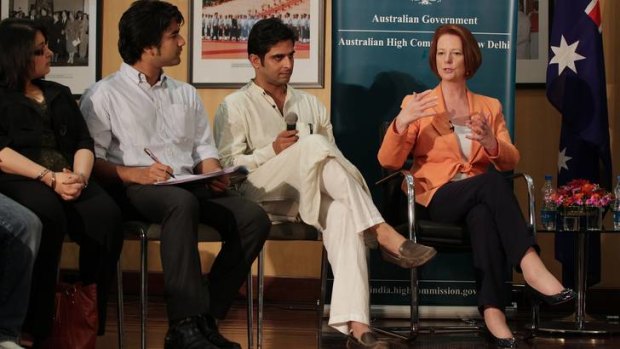 Prime Minister Julia Gillard meets with Indian youths at the Australian High Commission in New Delhi.