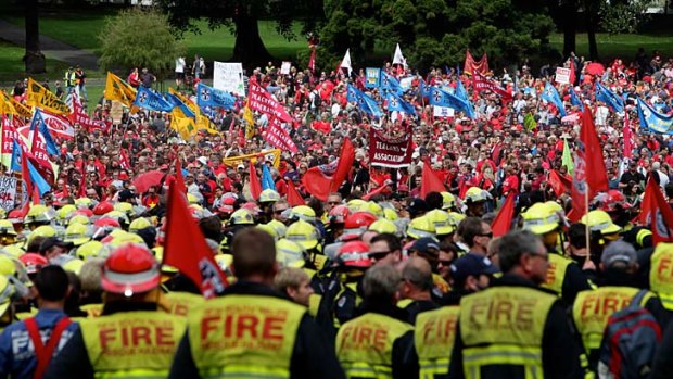 Bleeding talent &#8230; thousands of state public sector workers protest in Sydney last year against a proposed wage cap and job cuts.