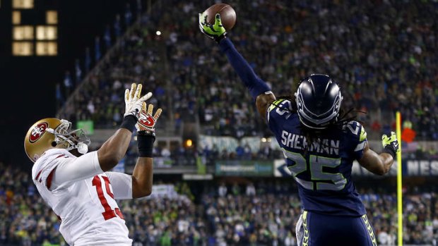 The winning play where Sherman tips the ball away from San Francisco's Michael Crabtree.
