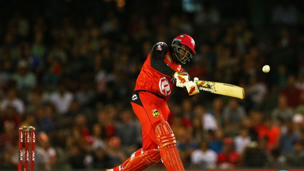 The Renegades' Chris Gayle hits a six during the Big Bash League match against Adelaide on Monday.
