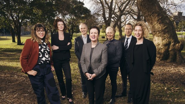 The Council of the City of Sydney independant candidates, pictured with Lord Mayor Clover Moore. Left to right: Jess Scully, Catherine Lezer, Philip Thalis, Clover Moore, Kerryn Phelps, Robert Kok and Jess Miller. 
