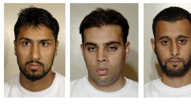 Found guilty ... a three-photo combo made from undated London Metropolitan Police photos, showing Abdulla Ahmed Ali, left; Assad Sarwar, centre, and Tanvir Hussain, right.