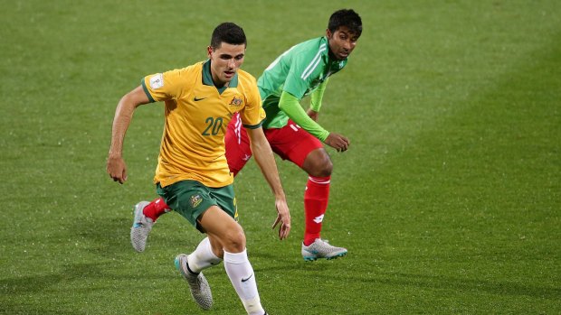 Tom Rogic of Australia controls the ball during the World Cup qualifier against Bangladesh in Perth on Thursday.