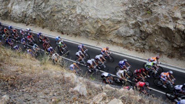 The Tour Down Under peleton races along in yesterday's stage, won again by HTC-Columbia's Andre Greipel.