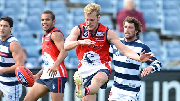 Jack Watts kicks one of his four goals for Casey Scorpions against Geelong last Saturday.