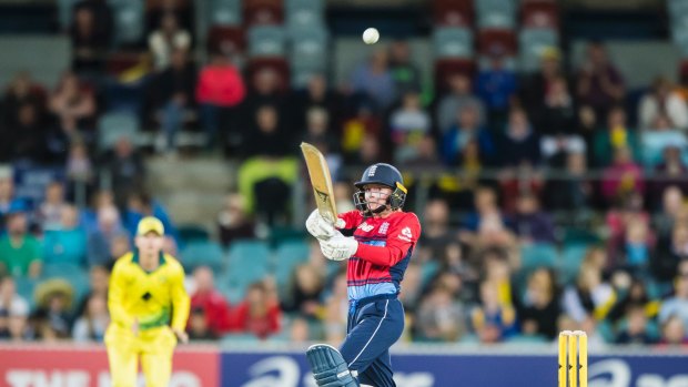 English opener Danielle Wyatt in action during the third T20 match at Manuka oval on Tuesday. Photo: Sitthixay Ditthavong