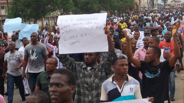 Protesters in Port Harcourt demonstrate against the voting irregularities in the presidential election.