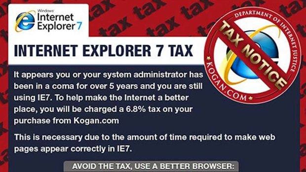 A screenshot of Kogan's website announcing the "Internet Explorer 7 Tax".
