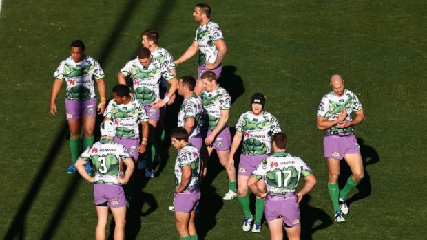 The Incredible Hulk they are not: Canberra's team after conceding yet another try to the Warriors.