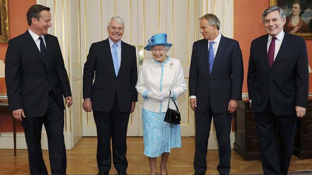 The Queen, as part of her diamond jubilee celebrations, has paid a rare visit to 10 Downing Street for a spot of lunch with of all but one of her surviving prime ministers. She is shown with Prime Minister David Cameron and former prime ministers Sir John Major, Tony Blair and Gordon Brown.
