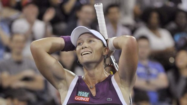 On track ... Samantha Stosur celebrates her win over Angelique Kerber in the US Open semi-finals.