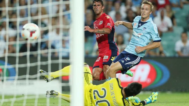 Fabio Ferreira scores Adelaide's second goal of the night.