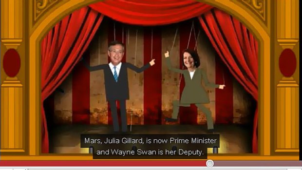 A grab from the Liberal Party's "Puppet Show Master" attack ad.