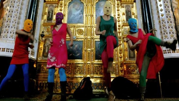 Act of defiance: Pussy Riot perform at the Cathedral of Christ the Savior in Moscow.