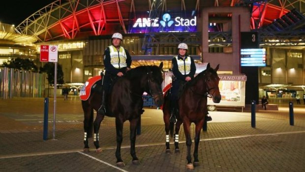 Mounted police officers outside ANZ Stadium.