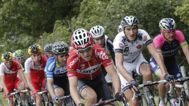 New overall leader France's Tony Gallopin (centre in red) leads the breakaway during the ninth stage of the Tour de France to Mulhouse.