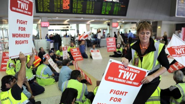 Qantas engineers and ground staff stage a sit-in at  Melbourne airport this week.