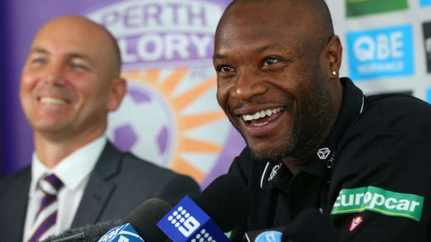 Glory hunter: Marquee signing William Gallas fronts the media after being unveiled as a Perth Glory player on Monday.