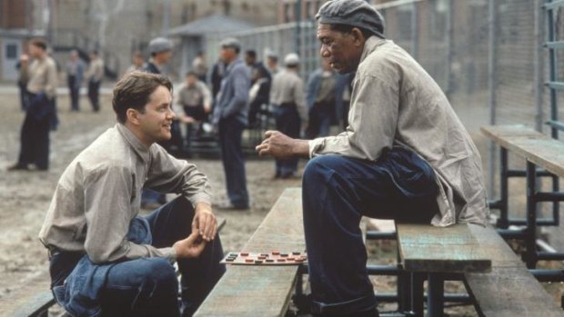 Tim Robbins, left, and Morgan Freeman play prisoners in <i>The Shawshank Redemption</i>.