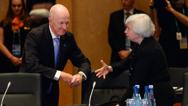 Glenn Stevens with Fed chair Janet Yellen: "They've got an extraordinarily accommodative monetary policy," he said.