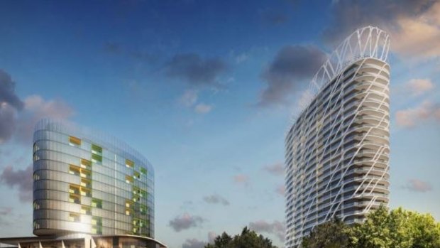 An artist's impression of two of the apartment towers planned on land owned by Victoria Racing Club. 