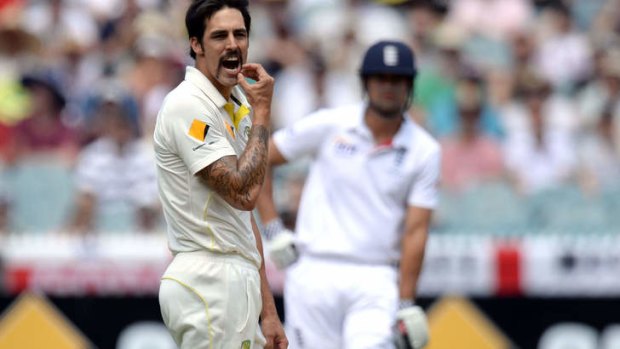 Fast bowler: Mitchell Johnson reacts after an appeal.