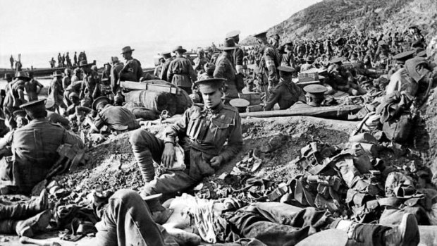 An Australian soldier lies wounded at Anzac Cove on the day of the Gallipoli landing, April 25, 1915. This scene is looking along the beach to the north. Photo: Philip Schuller (The Age Gallipoli Pictures).