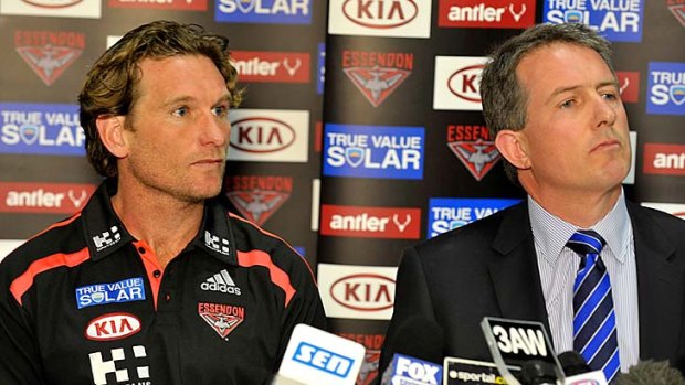 Flying straight: Essendon coach James Hird and chief executive Ian Robson yesterday.