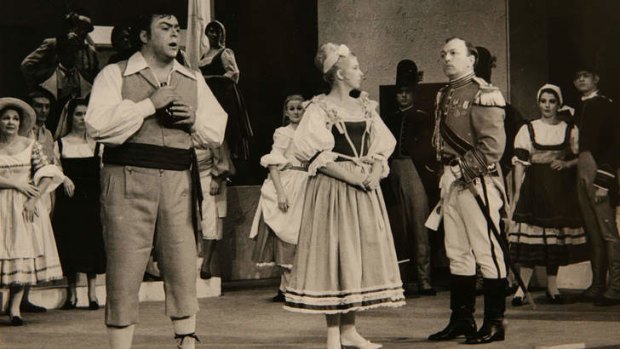 On stage: Robert Allman (boots and sword) performing with Luciano Pavarotti, left, and Elizabeth Harwood in 1965.