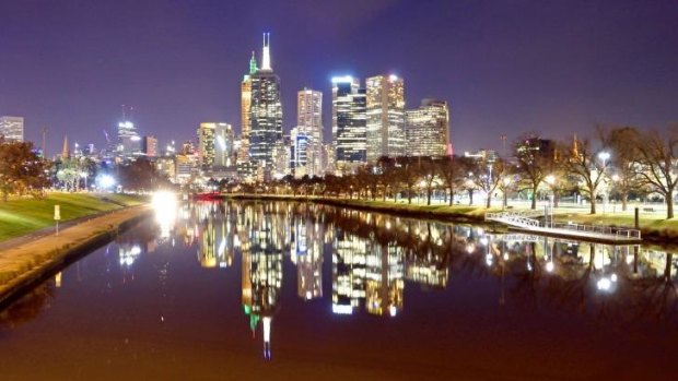 Melbourne at night from the Yarra River.
