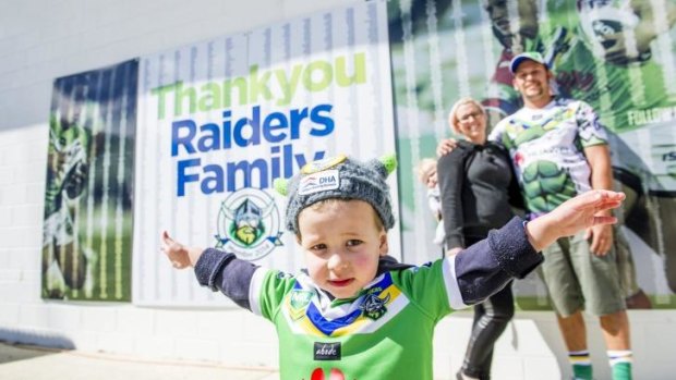 The Keegan family - Eli, 2, Hudson, 10 months, Amelia and Mitchell - travel from the Central Coast for every Raiders home game.
