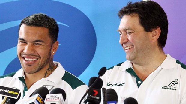 Digby Ioane (L) and David Nucifora at the Wallabies' media session today.